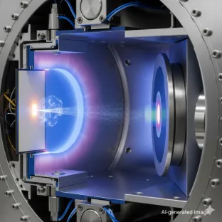 Vista in sezione di un processo di deposizione fisica da vapore (PVD) con un plasma di kripton. Il gas viene utilizzato per il rivestimento di materiali, migliorandone le proprietà con depositi di alta qualità.