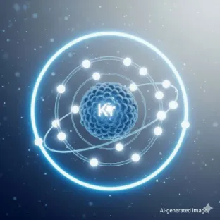 Rappresentazione scientifica di un atomo di kripton (Kr). L'immagine si concentra sulla sua struttura atomica, evidenziando la sua densità e stabilità, proprietà chiave per applicazioni come l'isolamento termico e i laser scientifici.