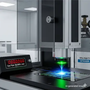 Sistema laser di precisione in azione su un chip elettronico. Il neon viene utilizzato come gas vettore nei laser a eccimeri per la fotolitografia e il trattamento dei metalli, evidenziando il suo ruolo nelle industrie ad alta tecnologia.