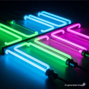 Tubi al neon luminosi dai colori vivaci (blu, verde, rosa) per insegne pubblicitarie. Il neon, un gas raro, viene utilizzato nell'illuminazione pubblicitaria e nella decorazione per la sua luce intensa e il suo basso consumo energetico.