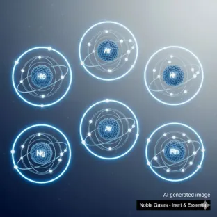 Rappresentazione grafica della famiglia dei gas rari, includendo elio, neon, kripton, xenon, argon e radon. L'immagine illustra in modo stilizzato la loro natura monoatomica e la loro inerzia chimica, proprietà fondamentali che li rendono unici per molteplici applicazioni tecnologiche e industriali.