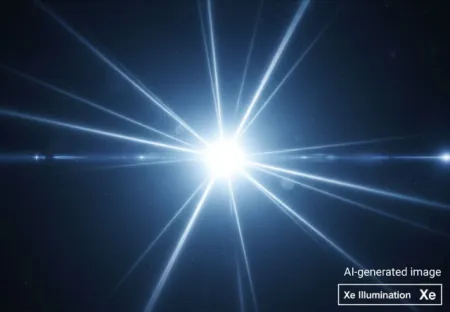 Faro di un'auto moderna con un potente fascio di luce allo xenon. Questa immagine evidenzia l'intensità e la nitidezza dell'illuminazione allo xenon, un gas raro utilizzato nei fari dei veicoli e nelle lampade a scarica.