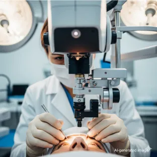 Chirurgo oftalmologo che utilizza un laser allo xenon per un intervento di chirurgia refrattiva. L'immagine mostra la precisione e la sicurezza dell'utilizzo dello xenon, un gas raro, nei laser medicali per applicazioni in oftalmologia e anestesia.