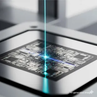 Processo di litografia laser su un chip elettronico. Lo xenon è un componente chiave dei laser a eccimeri utilizzati nell'industria dei semiconduttori per l'incisione di alta precisione di componenti microelettronici.