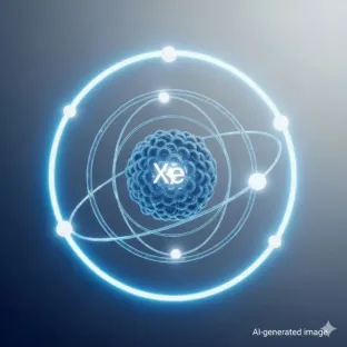 Rappresentazione scientifica di un atomo di Xenon (Xe). L'immagine si concentra sulla sua struttura atomica, evidenziando la sua stabilità e la sua natura inerte, proprietà chiave per il suo utilizzo in settori d'avanguardia come la ricerca, i semiconduttori e l'imaging medicale.