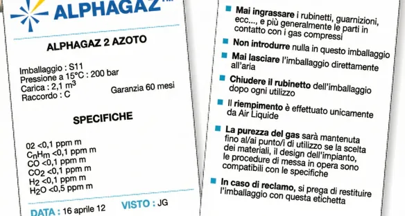 Scheda delle specifiche (o Scheda Prodotto) allegata alle bombole di gas puri