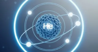 Représentation scientifique d'un atome d'Hélium (He). L'image met en avant sa structure atomique, illustrant sa faible masse et sa stabilité chimique, caractéristiques essentielles pour des applications industrielles et scientifiques de pointe.