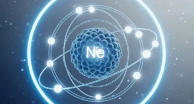 Représentation scientifique d'un atome de Néon (Ne). Ce visuel met en lumière sa nature inerte et sa structure atomique complète, expliquant son utilisation dans des domaines comme l'éclairage publicitaire et les technologies laser.